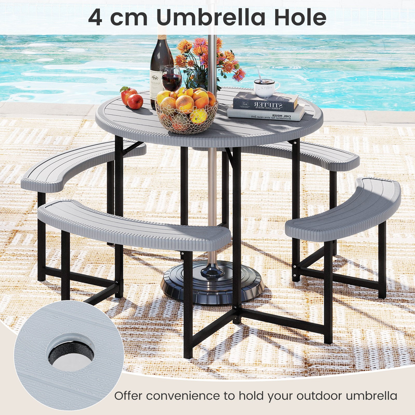 Round Picnic Table Bench Set Outdoor Circular Picnic Table with 4 Benches-Grey