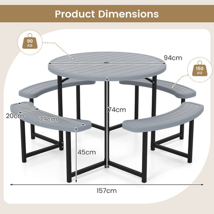 Round Picnic Table Bench Set Outdoor Circular Picnic Table with 4 Benches-Grey
