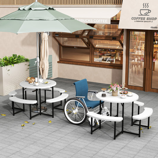 Round Picnic Table Bench Set Outdoor Circular Picnic Table with 4 Benches-White