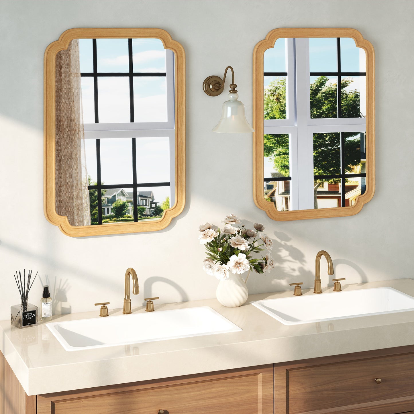 Rounded Corner Arch Wall Mirror for Bathroom Living Room-Natural