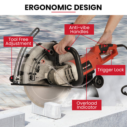 3500W 0.35m Electric Concrete Saw, Wet/Dry, Diamond Blade, Vac Port, 15A Plug