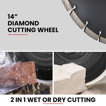3500W 0.35m Electric Concrete Saw, Wet/Dry, Diamond Blade, Vac Port, 15A Plug