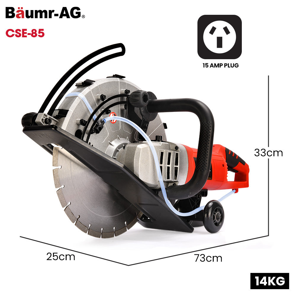 3500W 0.35m Electric Concrete Saw, Wet/Dry, Diamond Blade, Vac Port, 15A Plug
