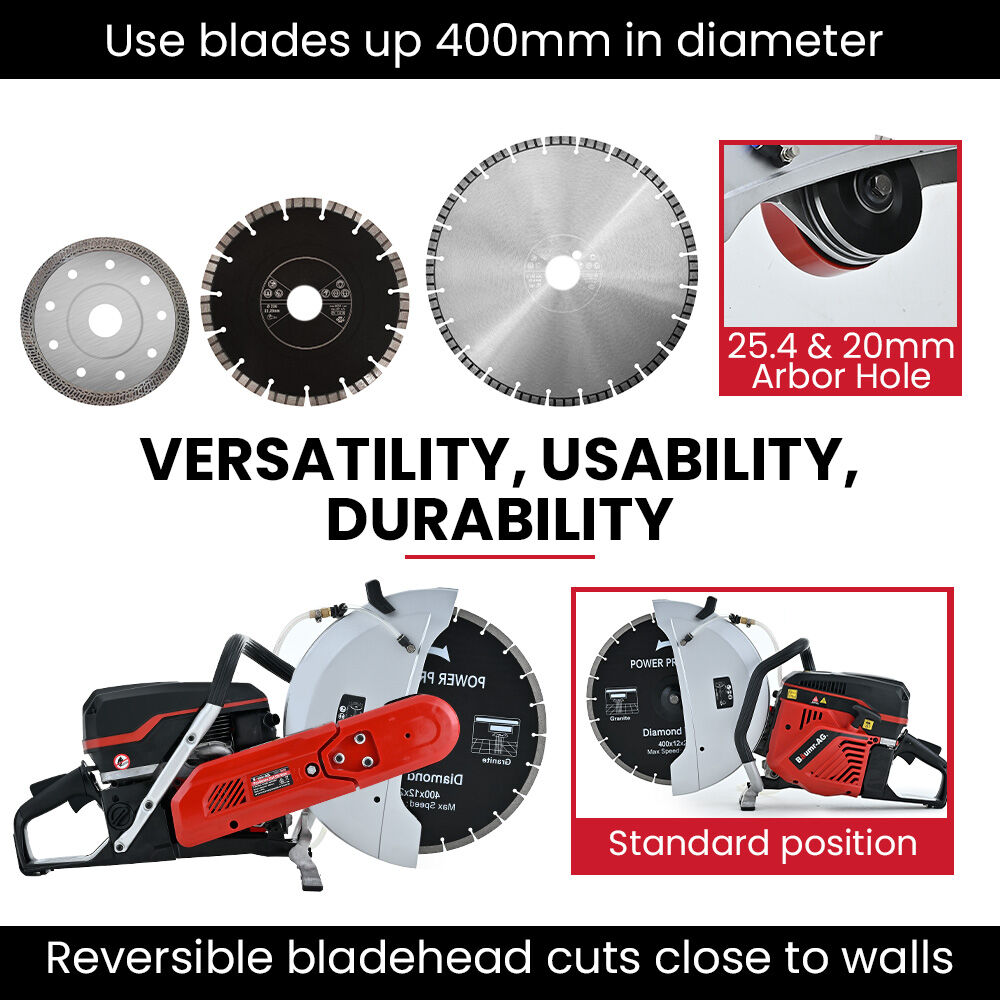 400mm Professional Concrete Saw, 94cc 2-Stroke, Wet/Dry Cutting, 0.4m Blade
