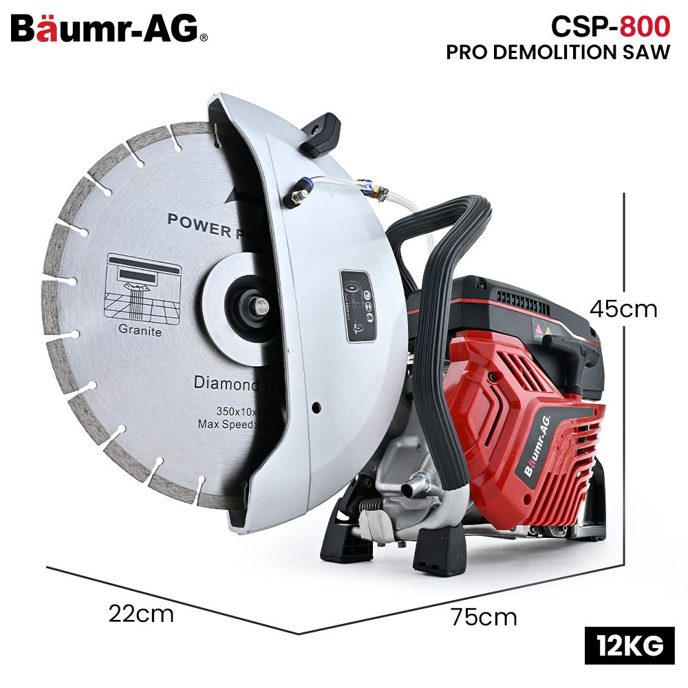74cc 2-Stroke Concrete Saw with 0.35m Blade, Wet/Dry Cutting, Anti-Vibration