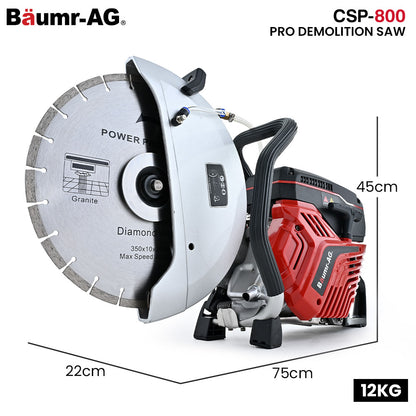 74cc 2-Stroke Concrete Saw with 0.35m Blade, Wet/Dry Cutting, Anti-Vibration