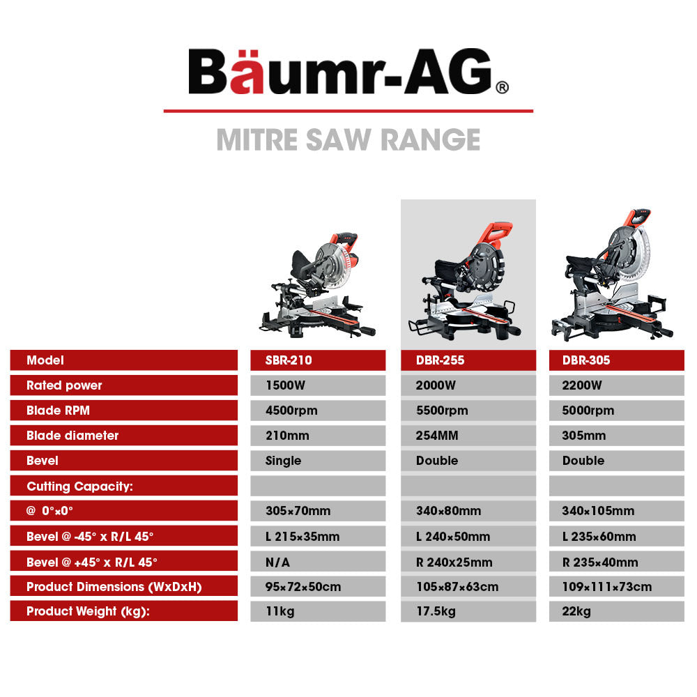 254mm Dual Bevel Sliding Compound Mitre Saw with Laser Guide and 2000W Motor