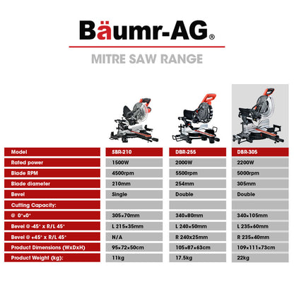 305mm Dual Bevel Sliding Mitre Saw with Laser Guide and 2200W Motor