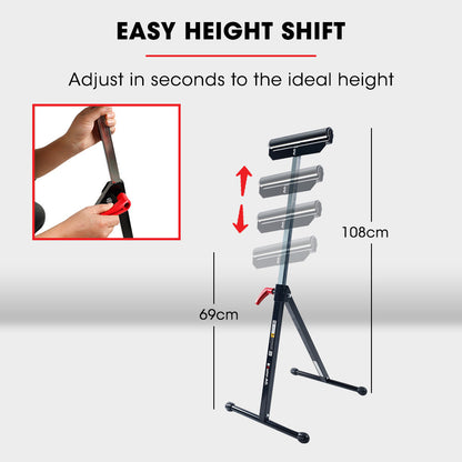 Adjustable Roller Support Stand, 0.6m to 1.08m Height, 60kg Capacity, Folding