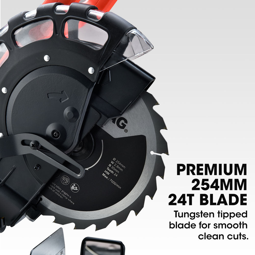 254mm Dual Compound Sliding Mitre Saw with Adjustable Stand, 150KG Capacity