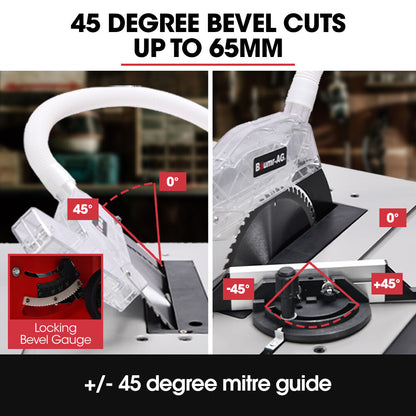 2000W 0.25m Table Saw with Adjustable Bevel, Mitre, and Dust Collection