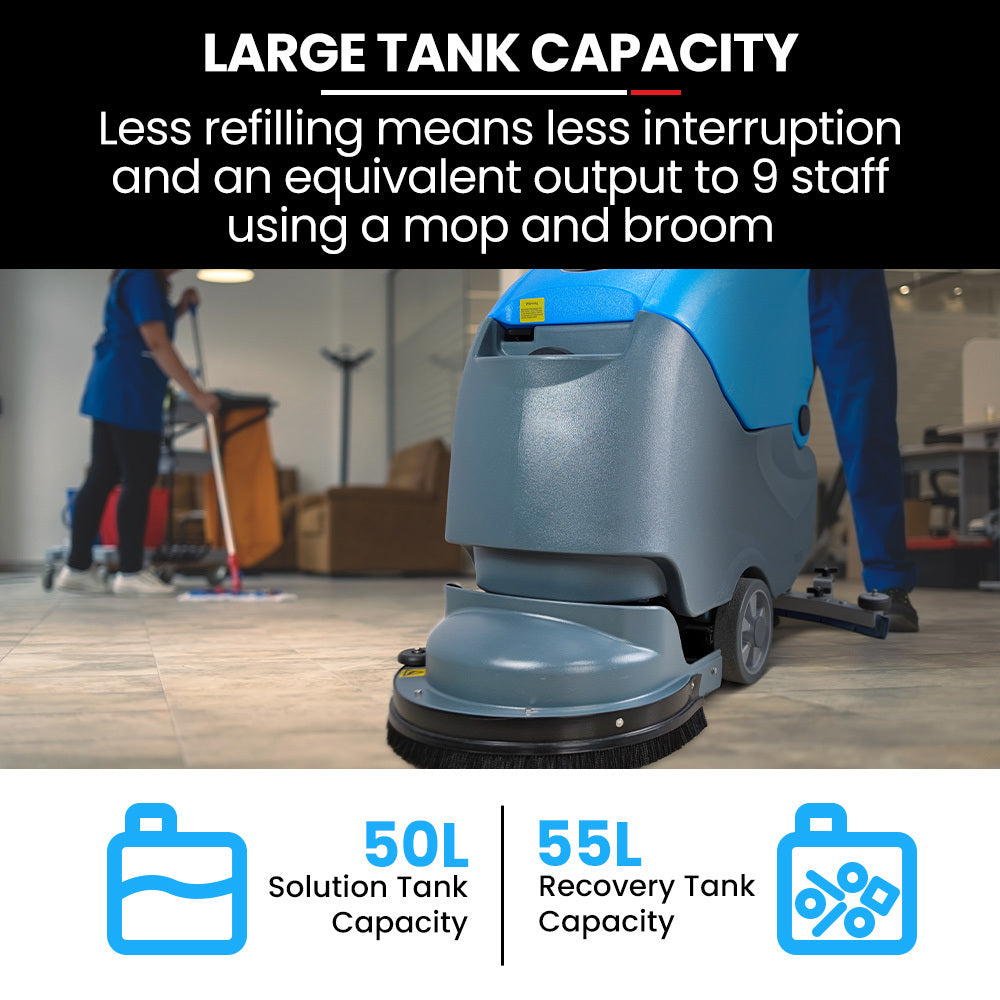 Battery-Powered Floor Scrubber & Dryer, 0.49m Path, Commercial Use, Walk-Behind