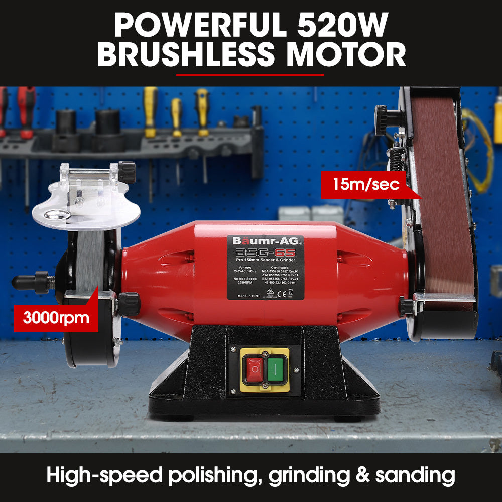 520W Bench Grinder Sander with 0.15m Wheel & 0.05m Linisher, Brushless Motor