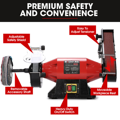 520W Bench Grinder Sander with 0.15m Wheel & 0.05m Linisher, Brushless Motor