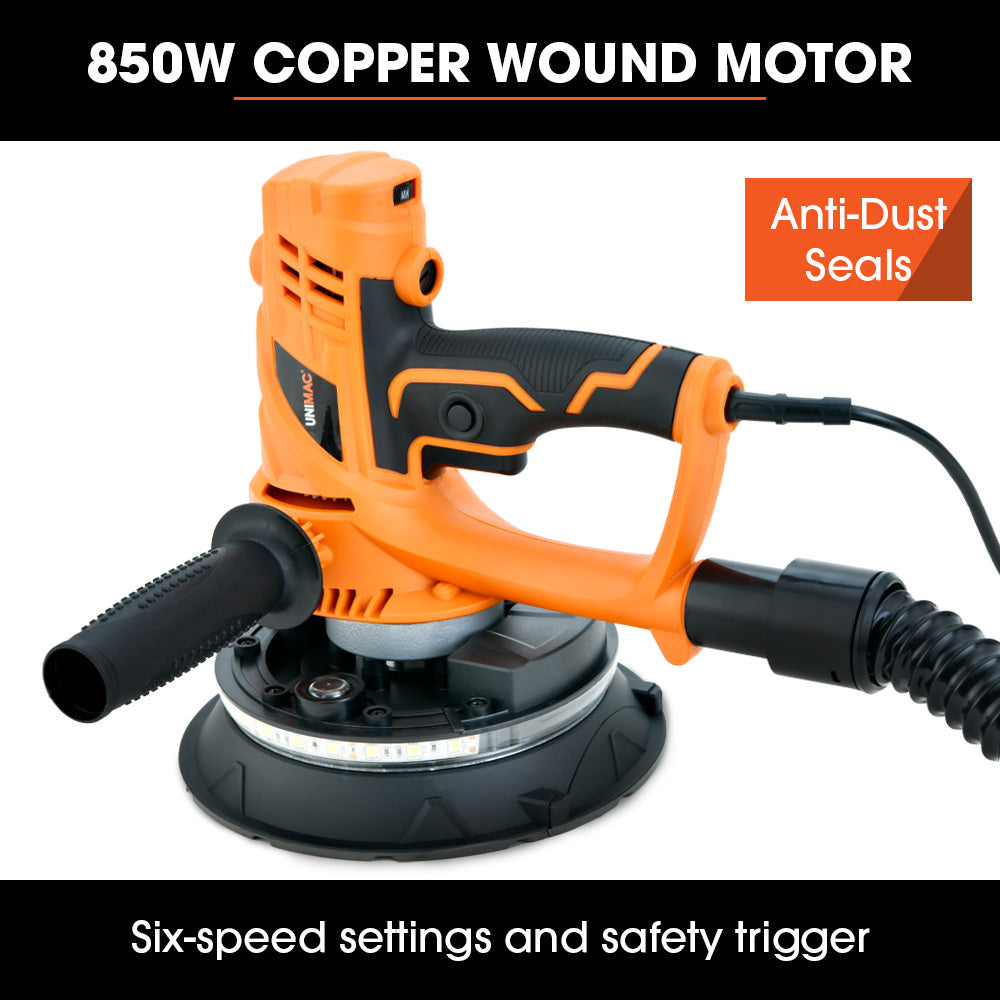 Handheld 0.18m Electric Drywall Sander with Vacuum & LED Light, 850W, 6 Discs