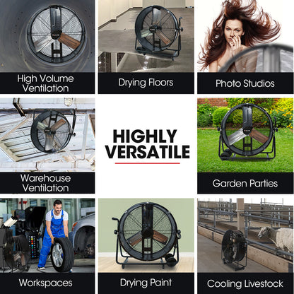24' (0.61m) Industrial Drum Fan, 260W, Tilting, Heavy-Duty for Large Spaces