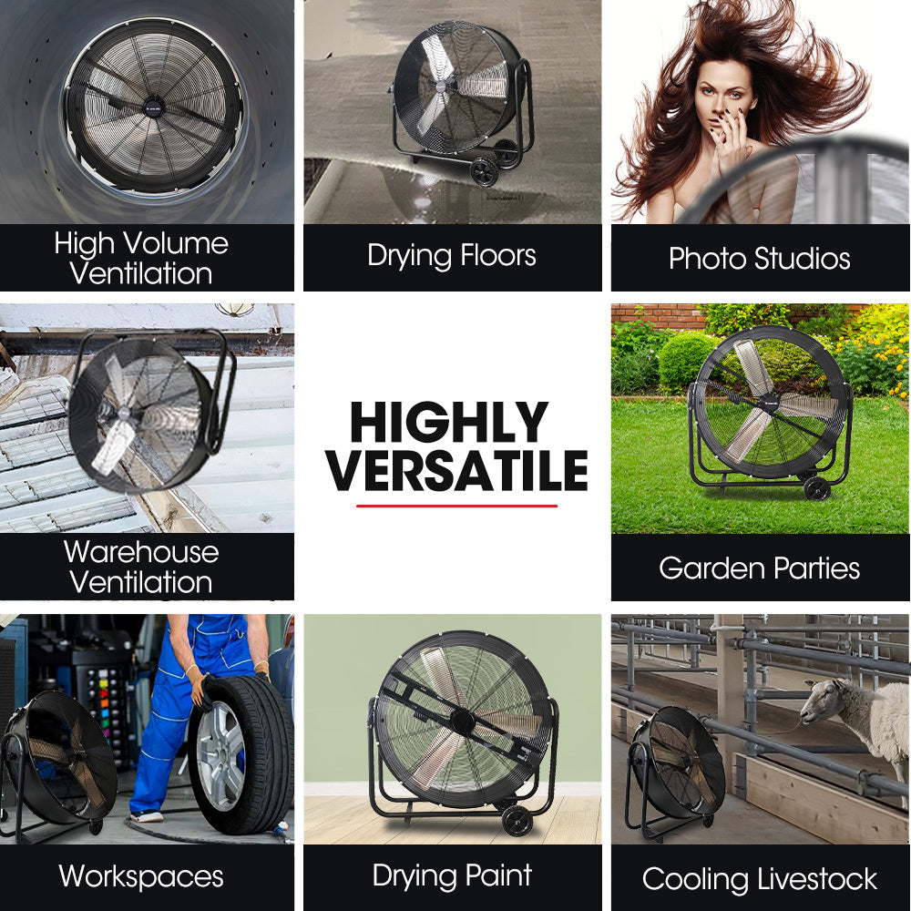 36" Industrial Mobile Drum Fan, 914mm, 290W Motor, Adjustable Tilt, Heavy-Duty