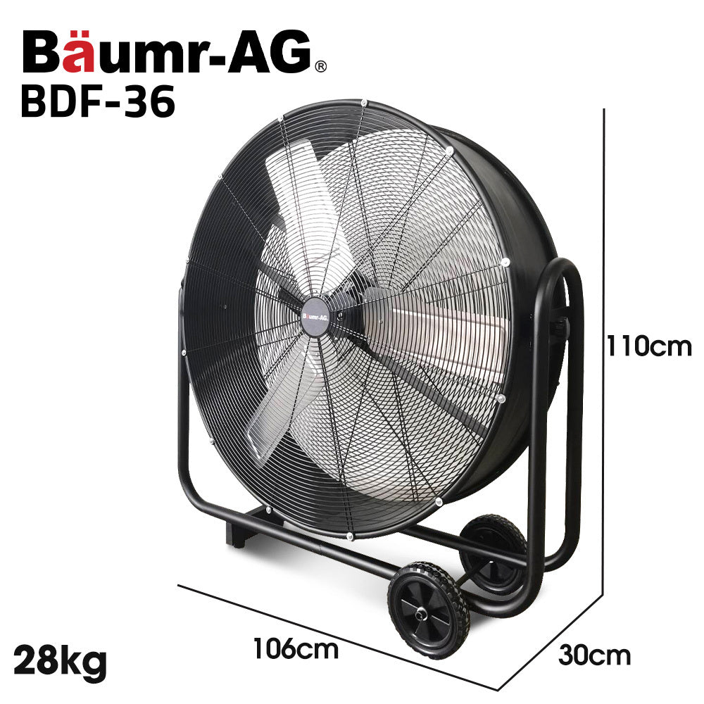 36" Industrial Mobile Drum Fan, 914mm, 290W Motor, Adjustable Tilt, Heavy-Duty