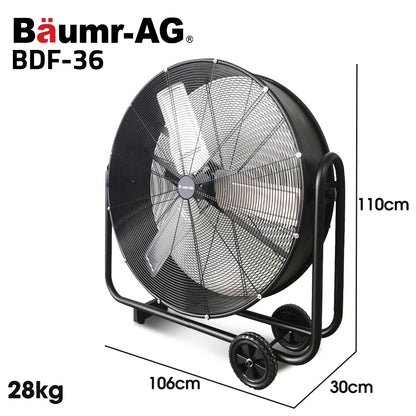 36" Industrial Mobile Drum Fan, 914mm, 290W Motor, Adjustable Tilt, Heavy-Duty