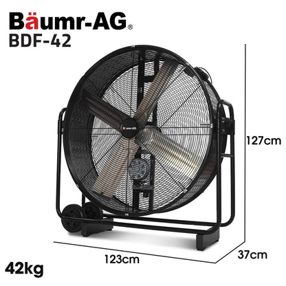 1067mm Industrial Drum Fan, 660W, Tilting, Heavy-Duty with Belt Drive