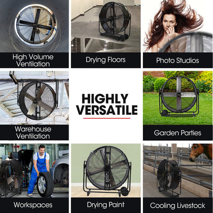 1067mm Industrial Drum Fan, 660W, Tilting, Heavy-Duty with Belt Drive
