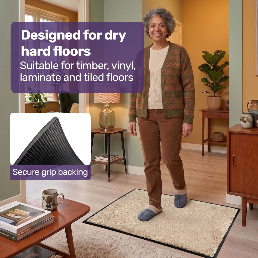 60x85cm Non-Slip Indoor Rug Floor Mat Beige, Poly Fiber Cut Loop Pile, High Density Base, Anti-Trip Edging