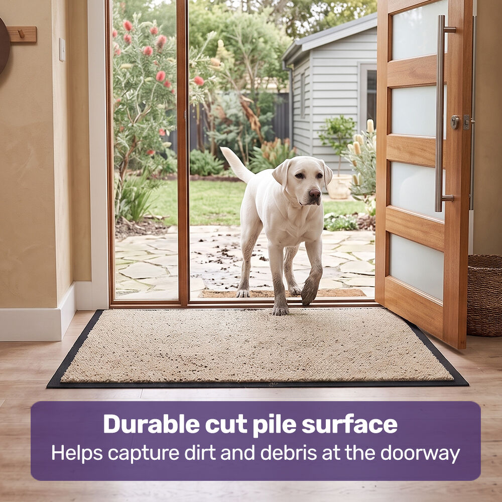 60x85cm Non-Slip Indoor Rug Floor Mat Beige, Poly Fiber Cut Loop Pile, High Density Base, Anti-Trip Edging
