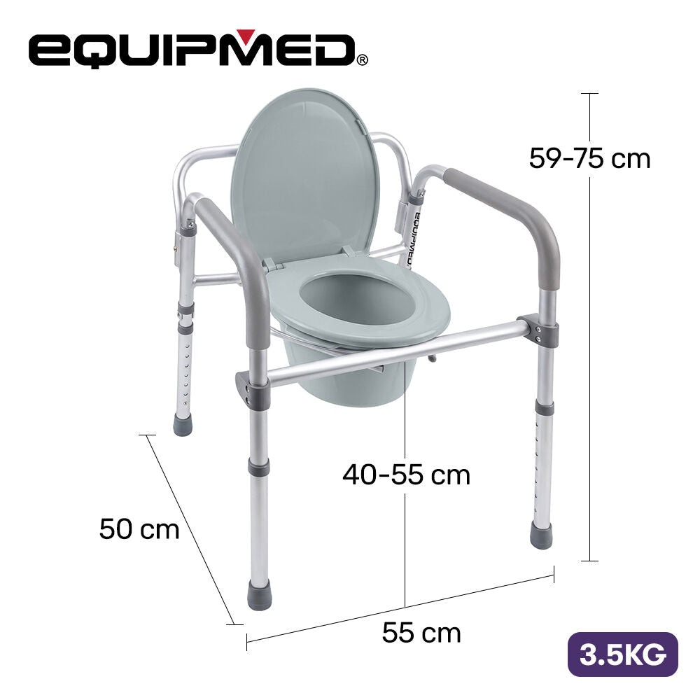 Foldable Over Toilet Aid, Night Commode, Splash Guard, Commode Pail, Padded Armrests, 7 Adj. Heights, Non-Slip Feet, 136kg Rated