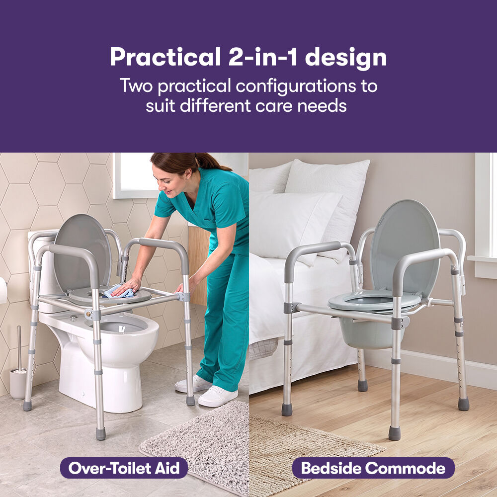 Foldable Over Toilet Aid, Night Commode, Splash Guard, Commode Pail, Padded Armrests, 7 Adj. Heights, Non-Slip Feet, 136kg Rated