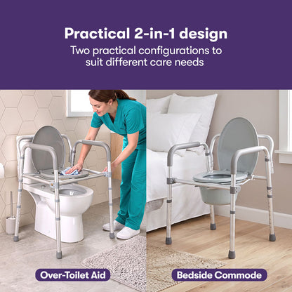 Foldable Over Toilet Aid, Night Commode, Splash Guard, Commode Pail, Padded Armrests, 7 Adj. Heights, Non-Slip Feet, 136kg Rated