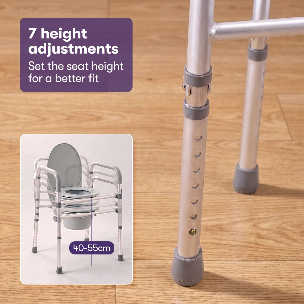Foldable Over Toilet Aid, Night Commode, Splash Guard, Commode Pail, Padded Armrests, 7 Adj. Heights, Non-Slip Feet, 136kg Rated