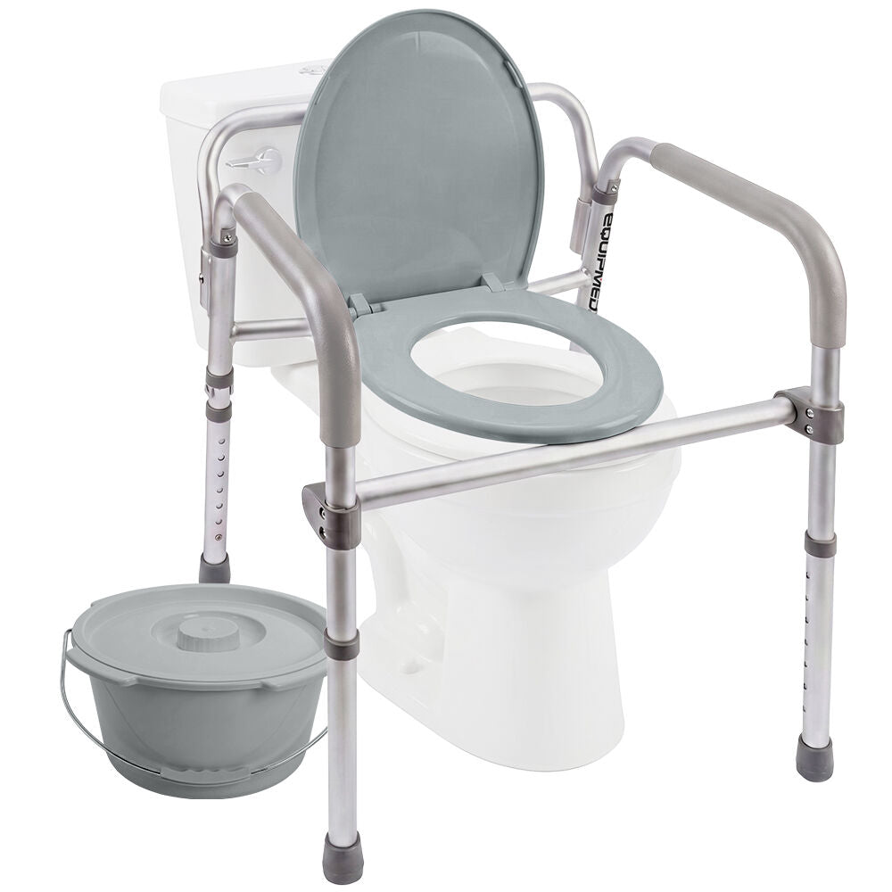 Foldable Over Toilet Aid, Night Commode, Splash Guard, Commode Pail, Padded Armrests, 7 Adj. Heights, Non-Slip Feet, 136kg Rated