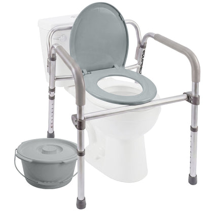 Foldable Over Toilet Aid, Night Commode, Splash Guard, Commode Pail, Padded Armrests, 7 Adj. Heights, Non-Slip Feet, 136kg Rated