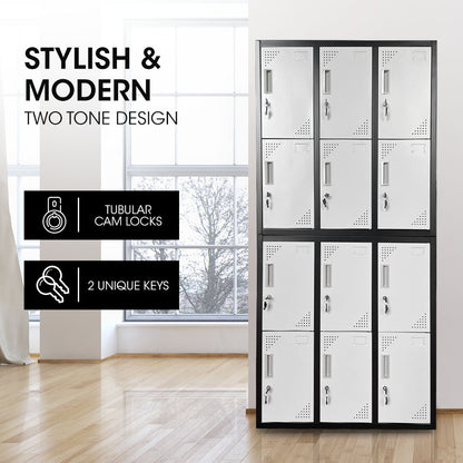 12-Door Metal Storage Lockers for Gym, Office, Black/Grey, Secure & Ventilated