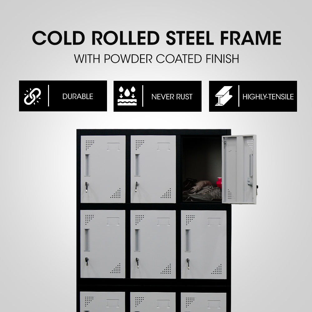 12-Door Metal Storage Lockers for Gym, Office, Black/Grey, Secure & Ventilated