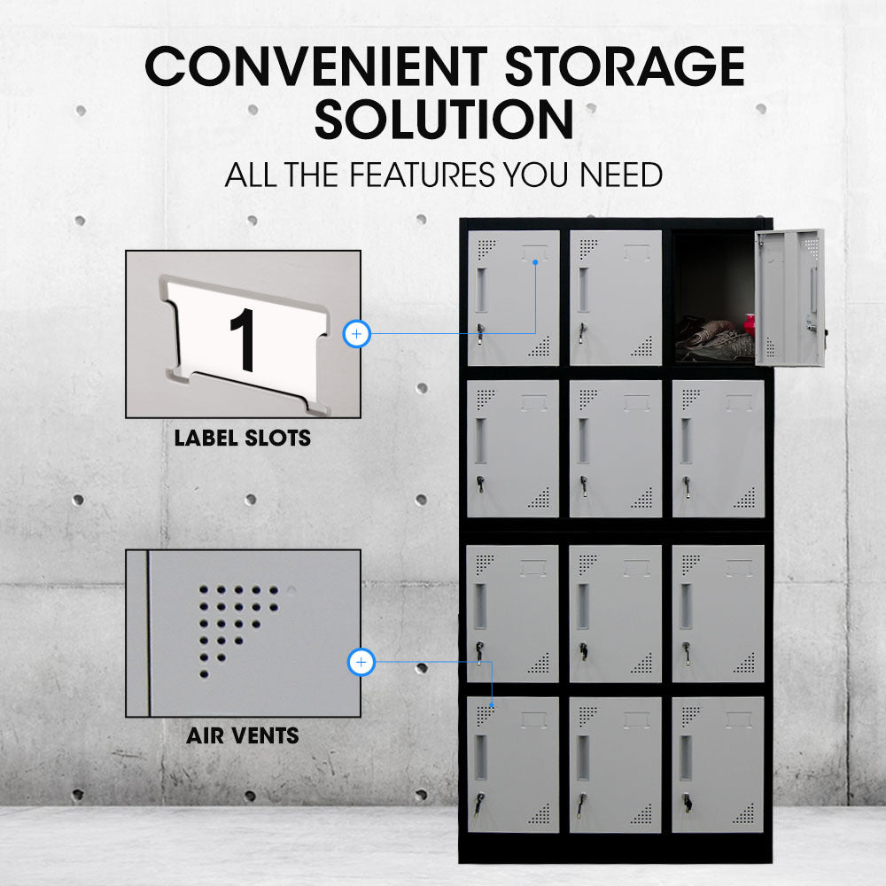 12-Door Metal Storage Lockers for Gym, Office, Black/Grey, Secure & Ventilated