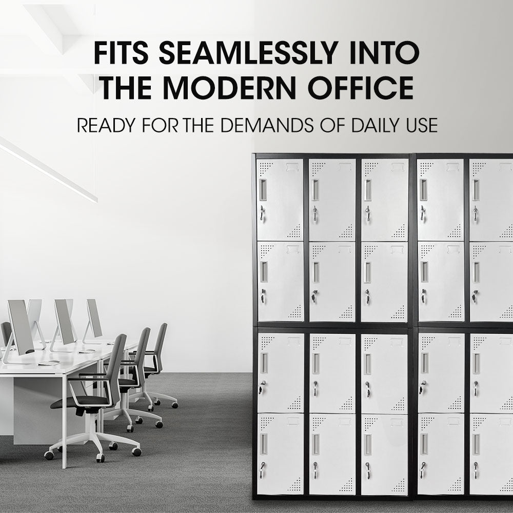 12-Door Metal Storage Lockers for Gym, Office, Black/Grey, Secure & Ventilated