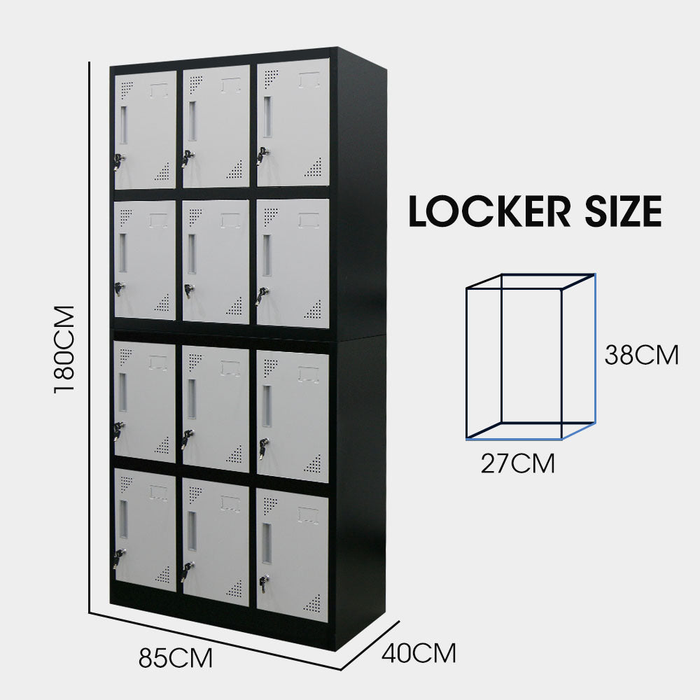 12-Door Metal Storage Lockers for Gym, Office, Black/Grey, Secure & Ventilated