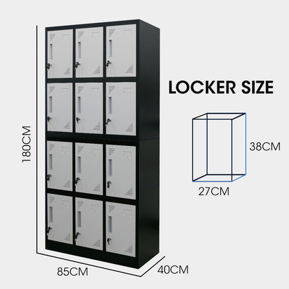 12-Door Metal Storage Lockers for Gym, Office, Black/Grey, Secure & Ventilated
