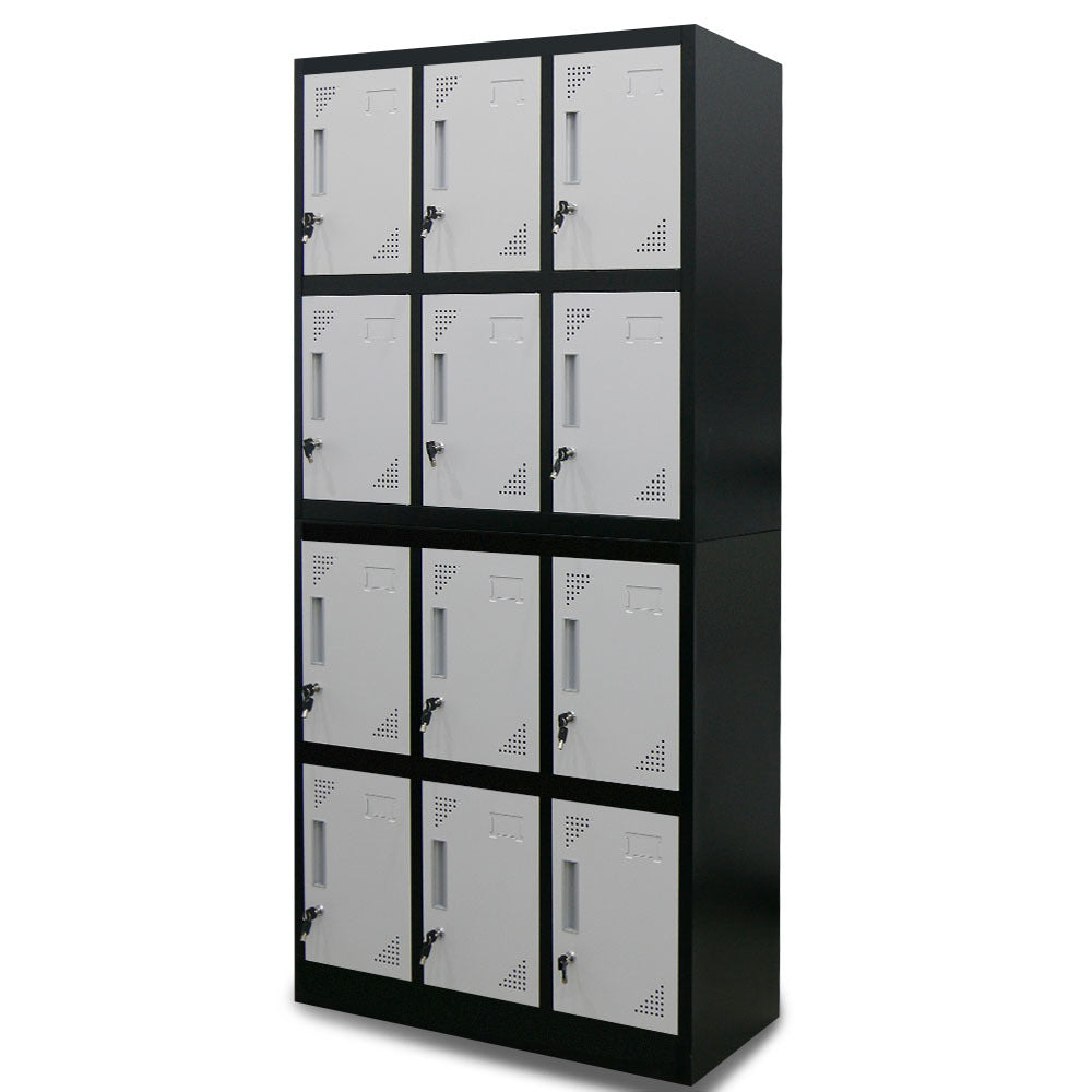 12-Door Metal Storage Lockers for Gym, Office, Black/Grey, Secure & Ventilated
