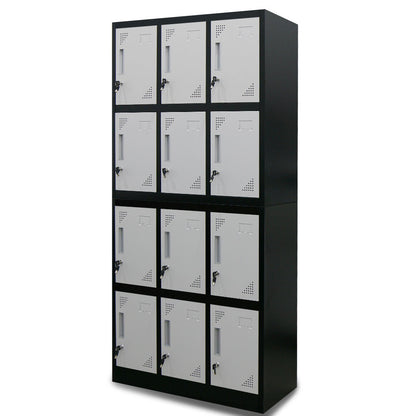 12-Door Metal Storage Lockers for Gym, Office, Black/Grey, Secure & Ventilated