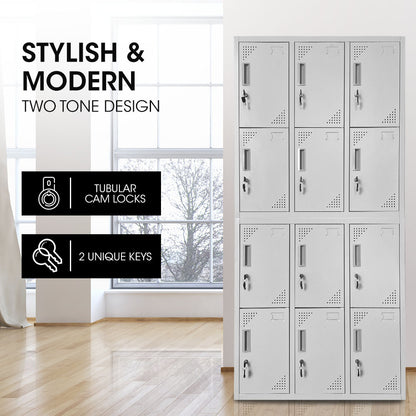 12-Door Metal Storage Lockers for Gym, Office, Home - Light Grey