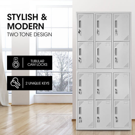 12-Door Metal Storage Lockers for Gym, Office, Home - Light Grey