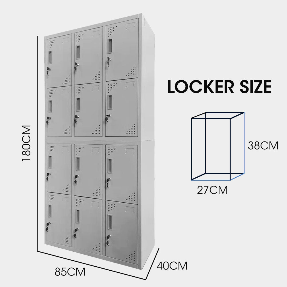 12-Door Metal Storage Lockers for Gym, Office, Home - Light Grey