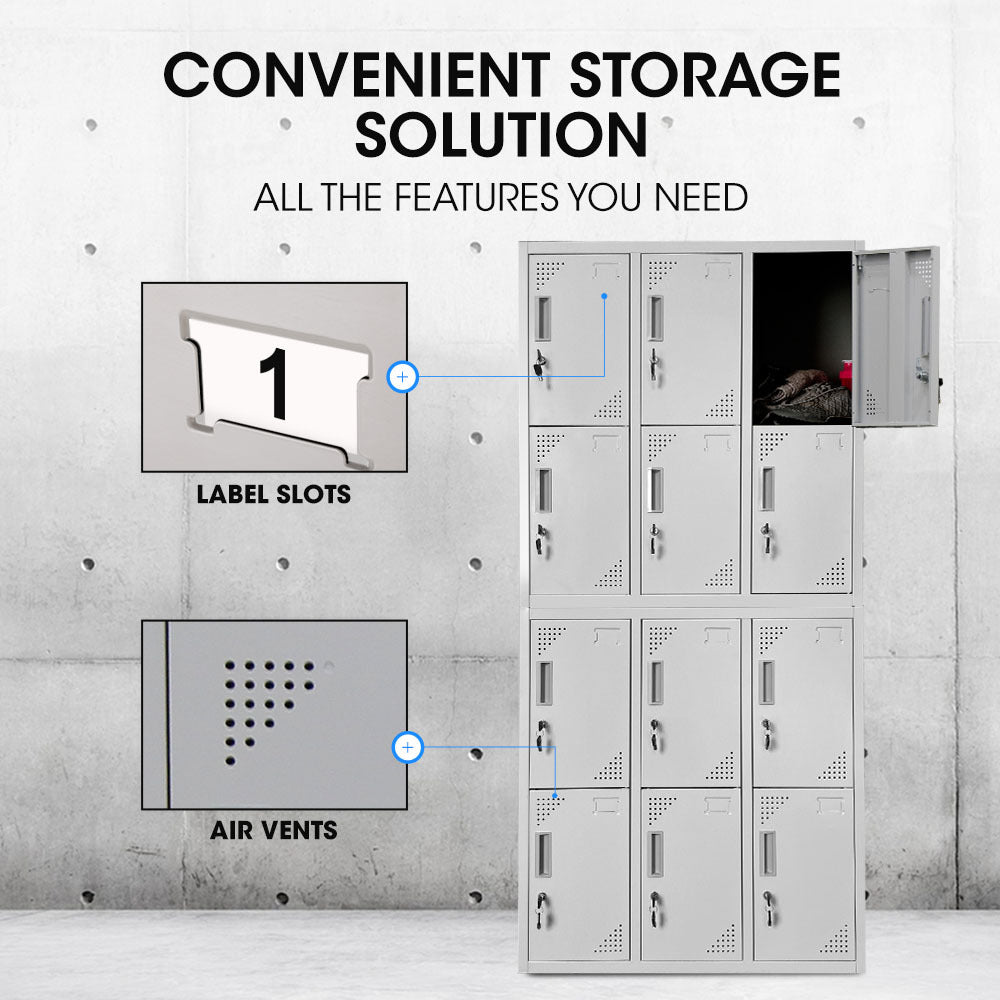 12-Door Metal Storage Lockers for Gym, Office, Home - Light Grey