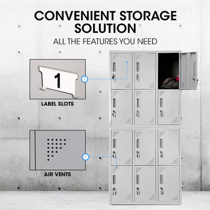 12-Door Metal Storage Lockers for Gym, Office, Home - Light Grey