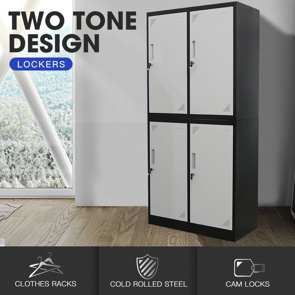 4 Door Metal Storage Cabinet with Lock for Gym, Office, or Garage - Black/Grey