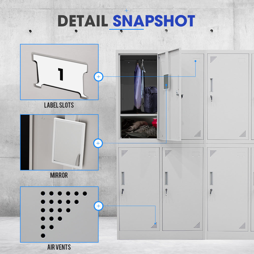 4-Door Metal Storage Locker with Secure Cam-Lock for Office or Gym, Grey