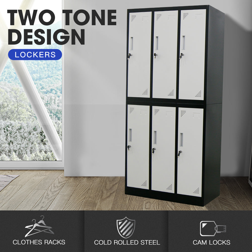 6-Door Metal Storage Cabinet with Locks for Gym, Office, or Home - Black/Grey