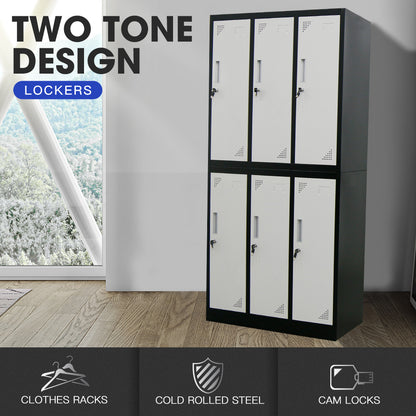 6-Door Metal Storage Cabinet with Locks for Gym, Office, or Home - Black/Grey